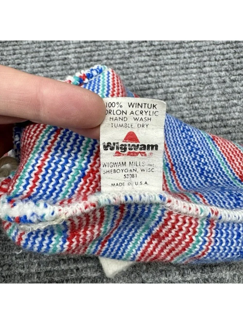 Vintage Wigwam Pom Beanie Ivory White Blue Red Heart Knit Hat Ski Cottagecore